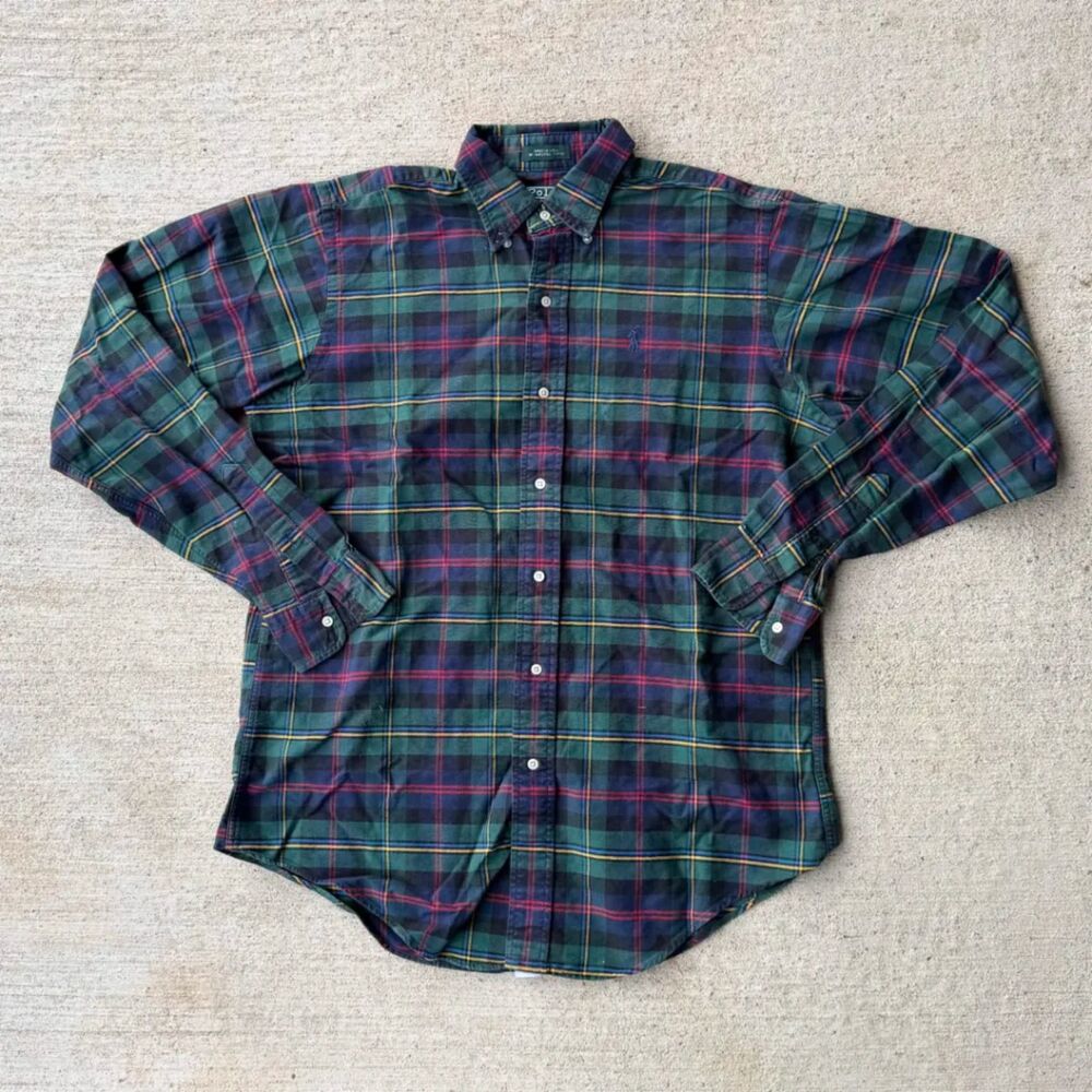 Vtg 80s 90s Polo Ralph Lauren Green Tag Plaid Shirt USA Made Green Navy Sz 20